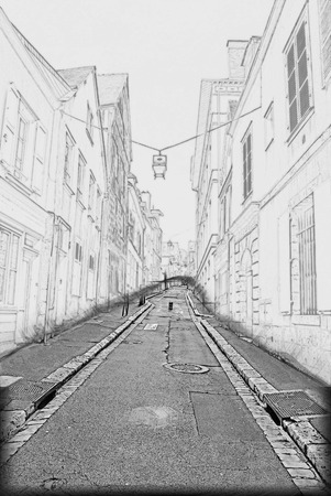 empty ascending Street in old european town.  Painting of travel scene, pencil drawing outlines of backgroundの写真素材