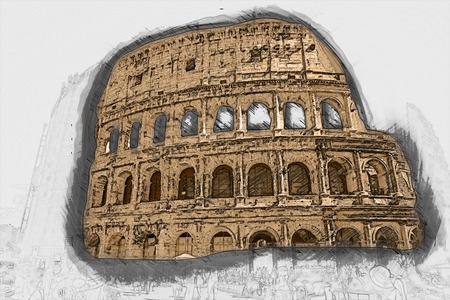 Colosseum (Coliseum) in Rome, Italy. Painting of travel scene, pencil drawing outlines of backgroundの写真素材
