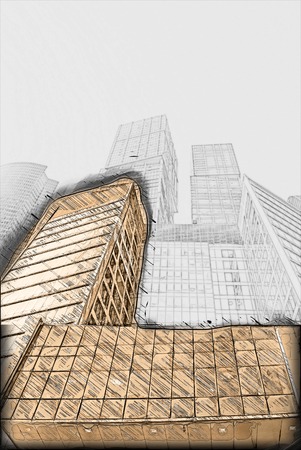 modern office buildings.  Painting of travel scene, pencil drawing outlines of backgroundの写真素材