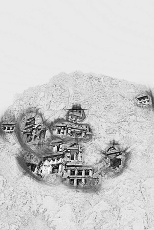 ancient city of Myra, Antalya, Turkey.  Painting of travel scene, pencil drawing outlines of backgroundの写真素材