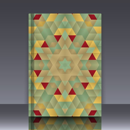 Book mockup with cover of colorful symmetrical background element with bold geometrical pattern. For wallpaper, pattern fills, web page background, surface textures for print and dalle production.のイラスト素材