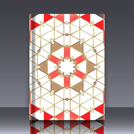 Book mockup with cover of colorful symmetrical background element with bold geometrical pattern. For wallpaper, pattern fills, web page background, surface textures for print and dalle production.のイラスト素材
