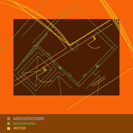 Drawing of abstract architectural detail on flat surface. Image of colorful blueprint for use as background for web and print. Draft plan of building. Minimalistic design, technology and architectureのイラスト素材