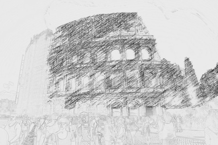 Colosseum (Coliseum) in Rome, Italy.  Painting of travel scene, pencil drawing outlines of backgroundの写真素材