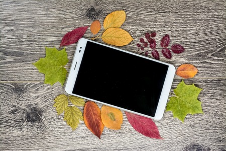 White modern tablet pc with blank empty screen on rustic vintage wood background with autumn leaves. Concept of season and technology, nature and computrs design template with place for image and textの写真素材