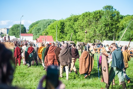 MOSCOW - JUNE 06, 2015: Army of Celts in historical reenactment of Boudica's rebellion of the first century AD. Times and Ages International Historical Festival in Kolomenskoye, Moscow.のeditorial素材