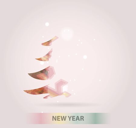 Abstract christmas tree icon or logo concept. Silhouette of evergreen tree filled with colorful abstract pattern with added text and snowflakes.のイラスト素材