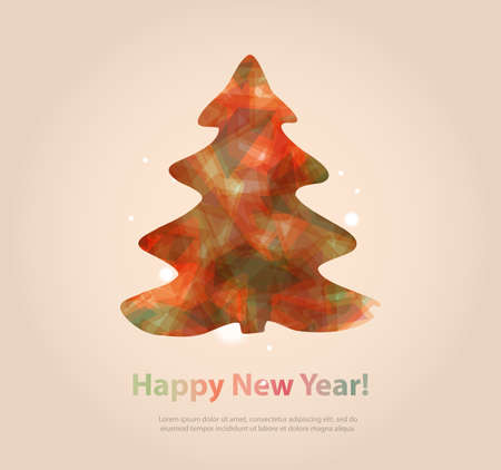 Abstract christmas tree icon or logo concept. Silhouette of evergreen tree filled with colorful abstract pattern with added text and snowflakes.のイラスト素材