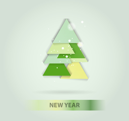 Abstract christmas tree icon or logo concept. Silhouette of evergreen treebuild with colorful abstract triangles with added text and snowflakes.のイラスト素材