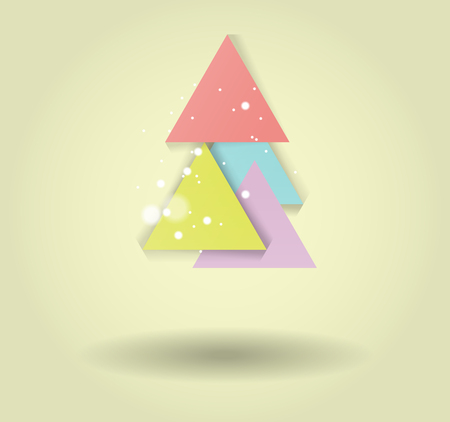 Abstract christmas tree icon or logo concept. Silhouette of evergreen treebuild with colorful abstract triangles with added text and snowflakes.のイラスト素材