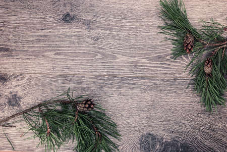 Christmas fir tree with cones on a wooden background, selective focus and place for text. Tonedの写真素材