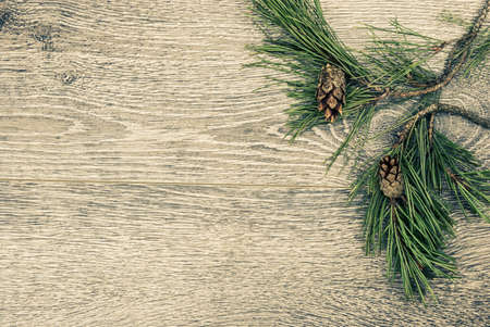 Christmas fir tree with cones on a wooden background, selective focus and place for text. Tonedの写真素材