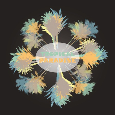 Colorful background with silhouette of palm trees on the beach. Tropical seasonal background for topics of travel, vacation and summer.のイラスト素材