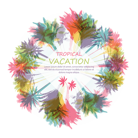 Colorful background with silhouette of palm trees on the beach. Tropical seasonal background for topics of travel, vacation and summer.のイラスト素材