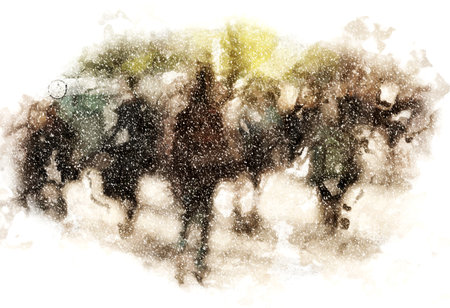 Winter city commuters with snow. Blurred image of workers going back home after work. Unrecognizable faces, bleached effect.の写真素材