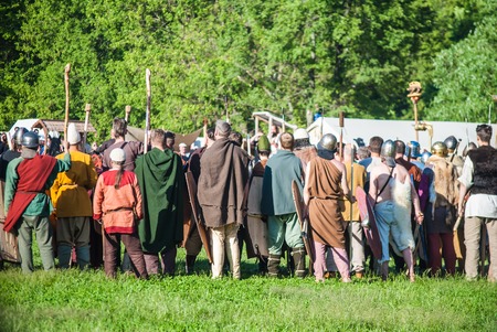 MOSCOW - JUNE 06, 2015: Army of Celts in historical reenactment of Boudica's rebellion of the first century AD. Times and Ages International Historical Festival in Kolomenskoye, Moscow.のeditorial素材