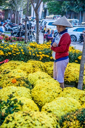 HO CHI MINH; VIETNAM - FEB 17; 2015: An unidentified woman selling yellow flowers for Tet.のeditorial素材