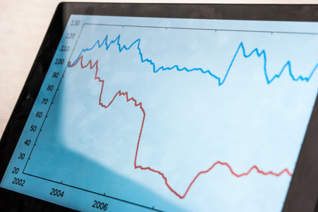 Black laptop with business charts on screen, on white table in office.の写真素材