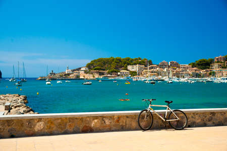 Puerto de Soller, Port of Mallorca island in balearic islands, Spain. Beautiful picture of boats in clear blue water of bright summer day.の写真素材