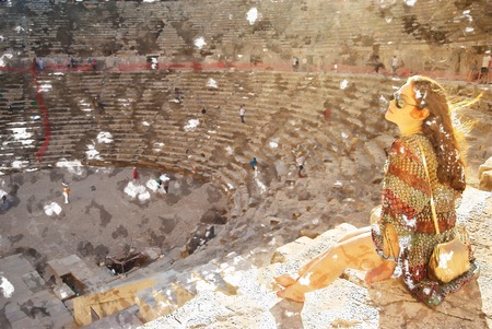 girl in sunglasses at sunset in Aspendos amphitheatre, Antalya, Turkey. Modern painting, background illustration.の写真素材