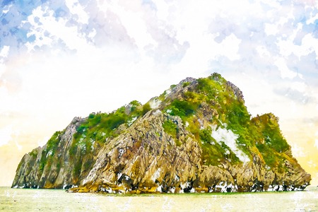 Beautiful sunset in Ha Long Bay viewed from Cat Ba island, Vietnam. Modern painting, background illustration.の写真素材