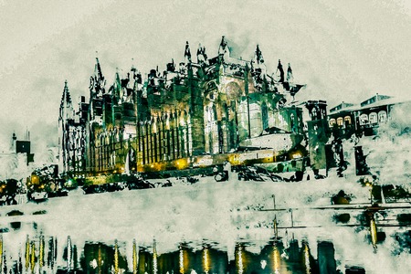 Cathedral of Palma de Mallorca La Seu night view and lake mirrored reflection of night illumination. Mallorca island, Spain. Modern painting, background illustration.の写真素材