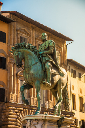 Equestrian statue of Cosimo de 'Medici in Florence, Italy.の写真素材