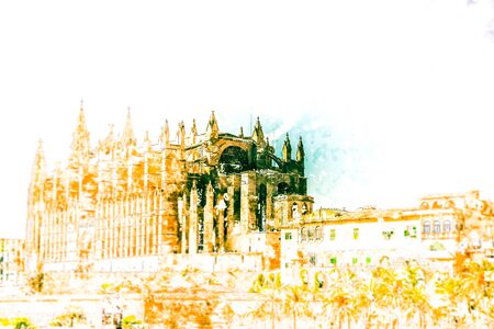 Cathedral of Palma de Mallorca, rear view from road. Big gothic church on the sea shore. Beautiful travel picture of Spain. Modern painting, background illustration.の写真素材