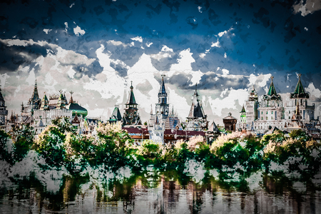 Beautiful landscape with Izmaylovo Kremlin behind river and lush greenery, Moscow, Russia. Vietnamese street vendors sells jet fruits in Hoi An, Vietnam. Modern painting, background illustration.の写真素材