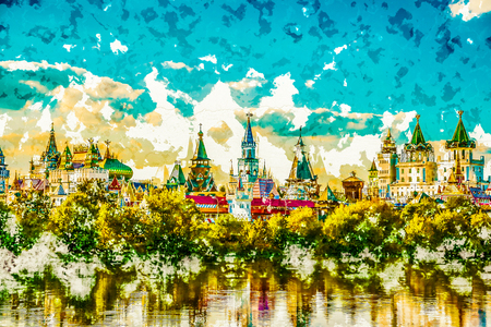 Beautiful landscape with Izmaylovo Kremlin behind river and lush greenery, Moscow, Russia. Vietnamese street vendors sells jet fruits in Hoi An, Vietnam. Modern painting, background illustration.の写真素材