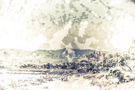 View of the beach of Palma de Mallorca with gorgeous cathedral building. Palma-de-Mallorca, Balearic islands, Spain. Modern painting, background illustration.の写真素材