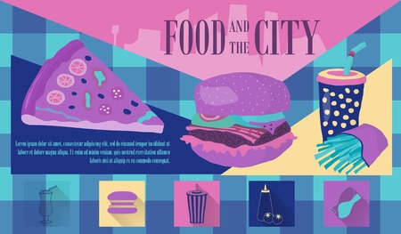 Fast food vector illustration with fries, cola, burger and pizza. Design elements for print, web, and other uses. Colorful stylish fast food icons on colored background with place for text and captionのイラスト素材