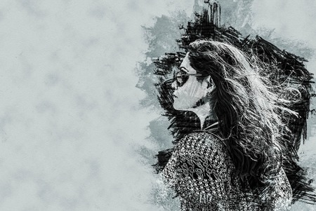 girl in sunglasses at sunset in Aspendos amphitheatre, Antalya, Turkey. Modern painting, background illustration.の写真素材