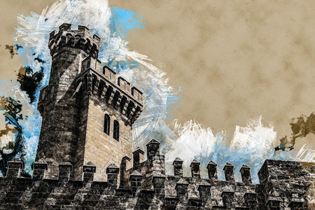 Almudaina palace with stone walls and towers against blue sky and clouds, Palma de Mallorca, Balearic islands, Spain. Modern painting, background illustration.の写真素材