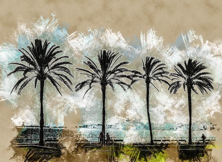 Palm trees along the coast in Palma de Mallorca at beautiful sunny day. Image of tropical vacation and sunny happiness. Serene summer photo. Modern painting, background illustration.の写真素材