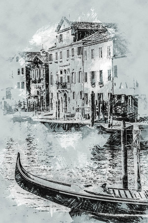 Beautiful colorful image of a canal in Venice with moorings and a gondola in the forefront and old houses under blue cloudy sky in the background.の写真素材