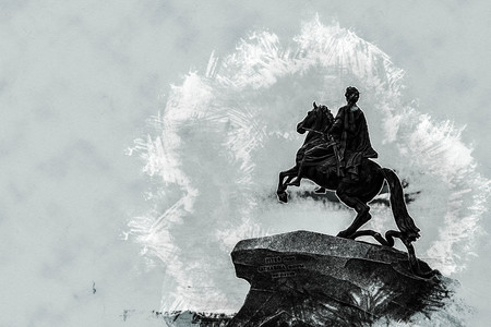 The Bronze Horseman - equestrian statue of Peter the Great in Staint-Petersburg, Russia. One of the major tourist attractions. Modern painting, background illustration.の写真素材