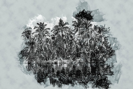 Palm trees on sea shore at beautiful sunny day. Image of tropical vacation and sunny happiness. Modern painting, background illustration.の写真素材