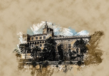 Almudaina palace with palm trees against blue sky and clouds, Palma de Mallorca, Balearic islands, Spain. Modern painting, background illustration.の写真素材