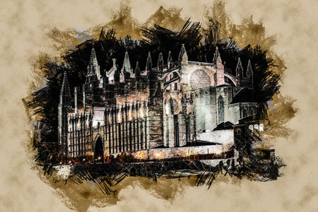 Cathedral of Palma de Mallorca La Seu night view and lake mirrored reflection of night illumination. Mallorca island, Spain. Modern painting, background illustration.の写真素材