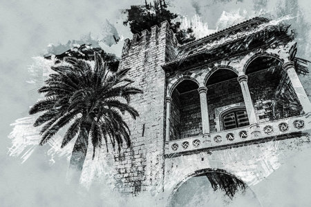 Almudaina palace with palm tree against blue sky and clouds, Palma de Mallorca, Balearic islands,...