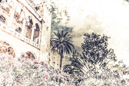 Almudaina palace with blooming pink flowers against blue sky and clouds, Palma de Mallorca, Balearic islands, Spain. Modern painting, background illustration.の写真素材