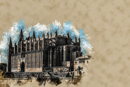 Cathedral of Palma de Mallorca, rear view from road. Big gothic church on the sea shore. Beautiful travel picture of Spain. Modern painting, background illustration.の写真素材