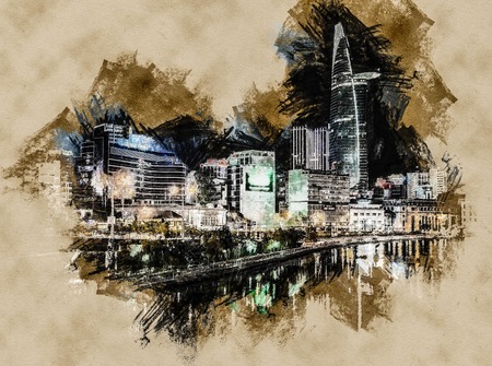 Cityscape of Ho Chi Minh at night with bright illumination of modern architecture, viewed over Saigon river in Southern Vietnam.の写真素材