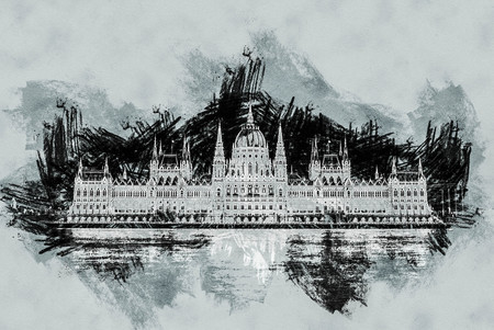 The Hungarian Parliament Building with bright and beautiful illumination at night. It is the seat of the National Assembly of Hungary, one of Europe's oldest legislative buildingsの写真素材