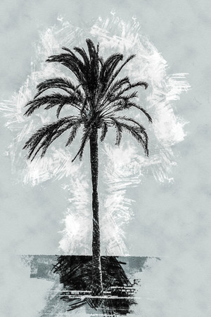 Palm trees along the coast in Palma de Mallorca at beautiful sunny day. Image of tropical vacation and sunny happiness. Serene summer photo. Modern painting, background illustration.の写真素材