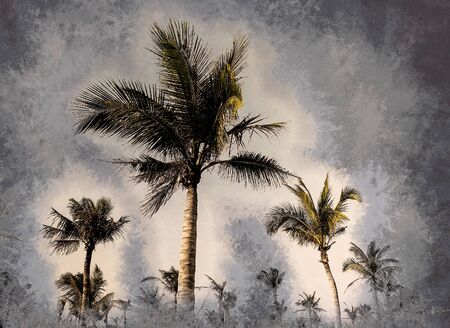 Palms against blue sky on a beach. Modern painting, background illustration.の写真素材
