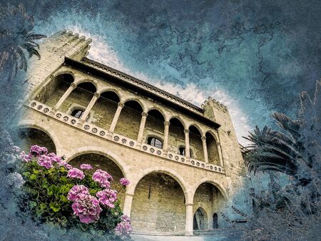 Almudaina palace with palm tree against blue sky and clouds, Palma de Mallorca, Balearic islands, Spain. Modern painting, background illustration.の写真素材
