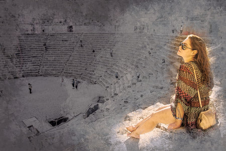 girl in sunglasses at sunset in Aspendos amphitheatre, Antalya, Turkey. Modern painting, background illustration.の写真素材