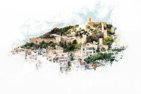 Capdepera castle on green hill in Mallorca island, Spain. Vintage painting, background illustration, beautiful picture, travel textureの写真素材